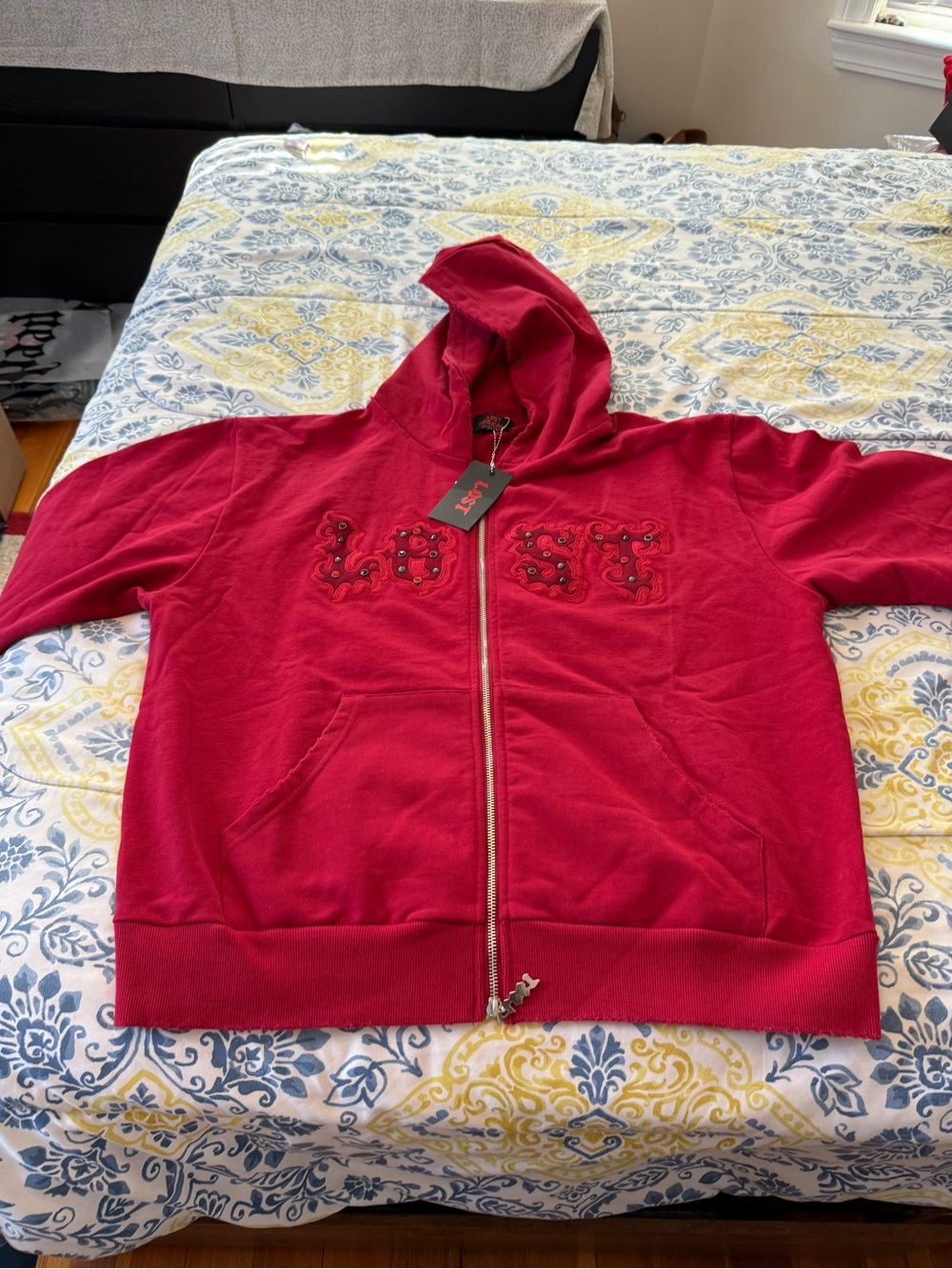 Lost Intricacy Red Rhinestones Men’s Fleece Zip Up Hoodie size XL